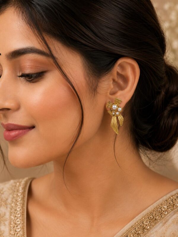 Vintage Pearl Bow Stud Earrings - Image 2