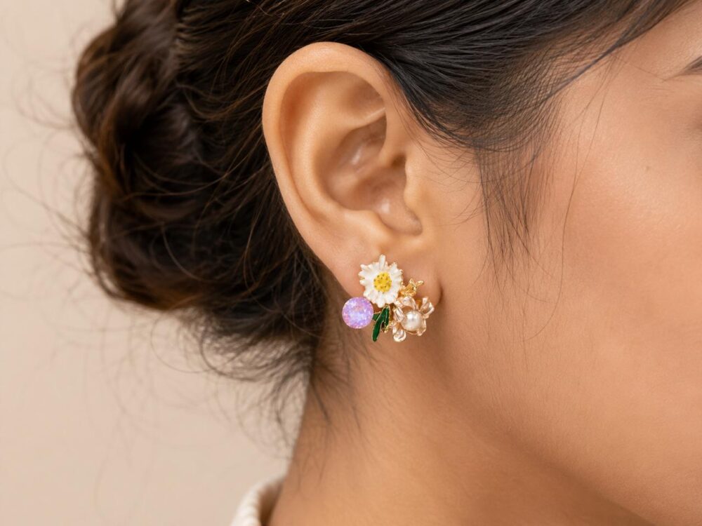 Korean Pearl Sun Flower Bloom Studs - Image 3