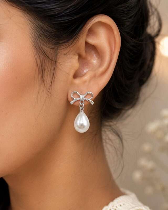 Silver Bow Pearl Earring - Image 2