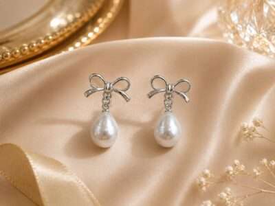 Silver Bow Pearl Earring