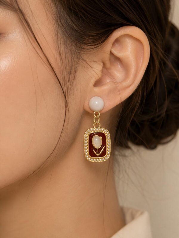 Pearl Bloom Maroon Drop Earrings - Image 2