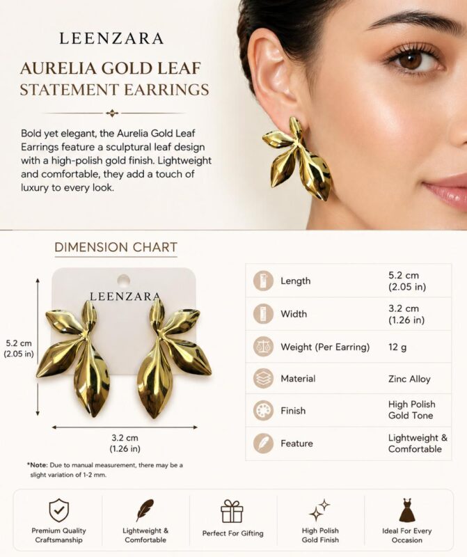 Leenzara Gold Leaf Statement Earrings - Image 2