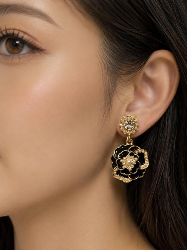 Leenzara Black Floral Crystal Drop Earrings - Image 3