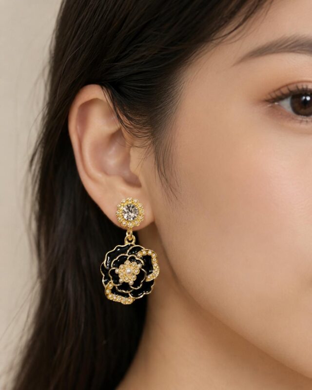 Leenzara Black Floral Crystal Drop Earrings - Image 2