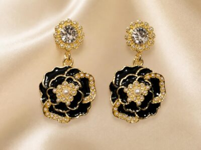 Leenzara Black Floral Crystal Drop Earrings