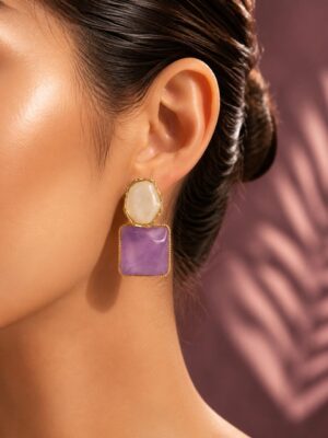 Purple & Pearl Geometric Drop Earrings for women - Image 2