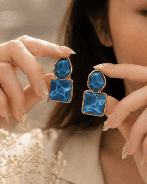 Blue Geometric Statement Drop Earrings | Leenzara Jewels - Image 2