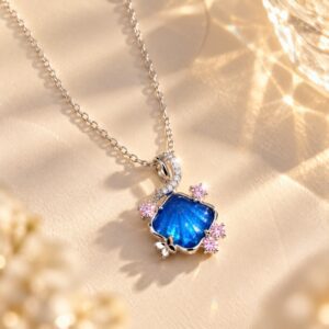 Leenzara Blue Crystal Floral Pendant Necklace - Image 3