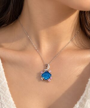 Leenzara Blue Crystal Floral Pendant Necklace
