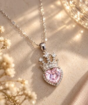 Royal Pink Heart Crown Pendant Necklace for Women | Stylish Fashion Jewellery - Image 3