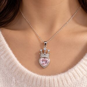 Royal Pink Heart Crown Pendant Necklace for Women | Stylish Fashion Jewellery