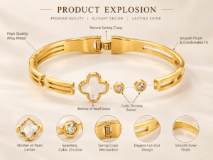 Leenzara Golden Clover Crystal Bangle Bracelet - Image 2